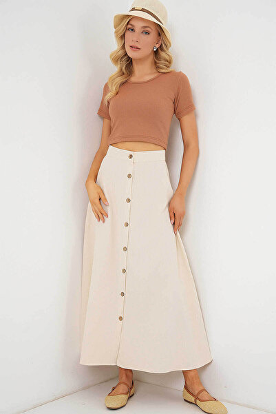 Bigdart Düğmeli Keten Uzun Krem Kadın Etek 8046