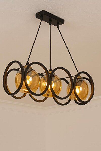 Avize 3 LÜ SİYAH PROFİL KASA BAL CAMLI SALON MUTFAK ODA 3 LÜ Sarkıt Avize.