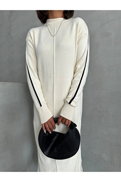 URİS Rochie de tricotat midi cu mânecă lungă, elegantă, bej, detaliu cu dungi