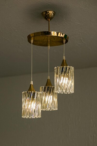 Avize Kristal 3 Lü Yuvarlak Gold Modern Sarkıt Mutfak Oturma Odası Salon Sarkıt Avize.