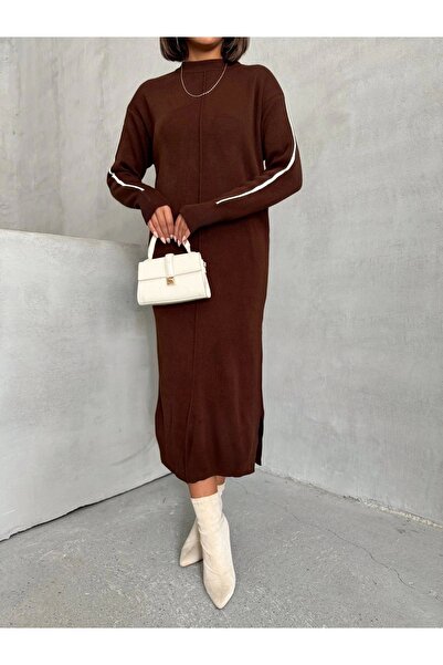 URİS Γυναικείο Καφέ Κομψό Φόρεμα ριγέ Μακρυμάνικο Μίντι Πλεκτό