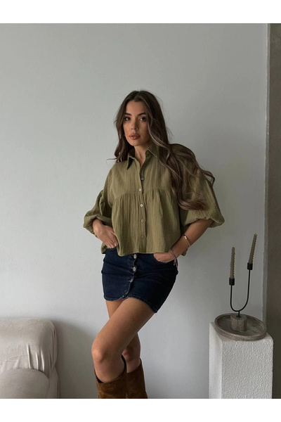 URİS Дамска къса риза от муселин в цвят каки, ​​премиум клас
