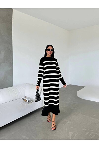 URİS Γυναικείο μαύρο μακρυμάνικο φόρεμα με λεπτομέρεια με κουμπιά και ρίγες