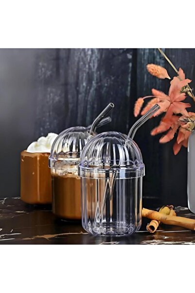 BALCI HEDİYELİK Dome-Shaped Lid Cold Coffee Glass with Straw, Mica Glass, Translucent Soft Drink Glass