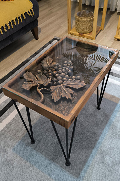 htd wood El Yapımı Ağaç Oyma Üzüm Ve Yaprak Desenli Sehpa