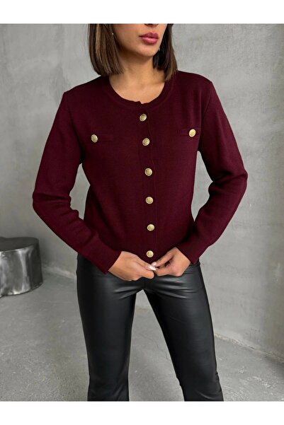 URİS سترة نسائية أنيقة بأزرار مزينة بتفاصيل أنيقة - عنابي