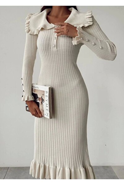 URİS Rochie lungă elegantă din tricot pentru femei, ecru, cu detaliu cu nasturi și volane