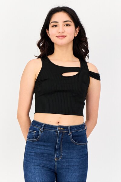 Don't Call Me Jennyfer Women Round Neck Sleeveless Textured Crop Top, Black