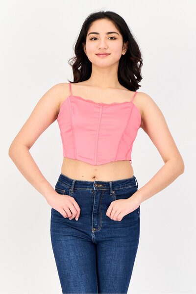 Don't Call Me Jennyfer Women U-Neck Sleeveless Plain Crop Top, Bright Pink