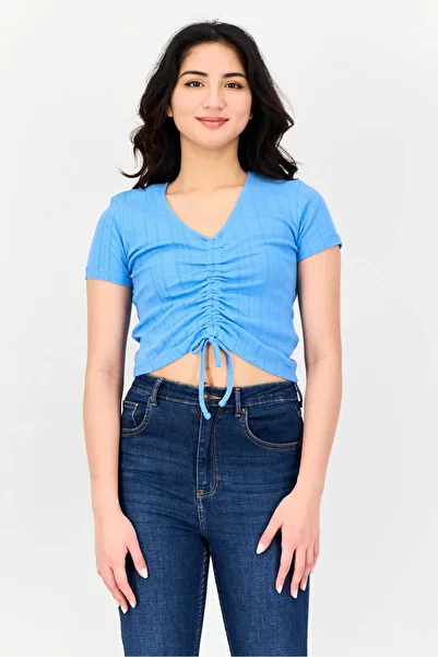 Don't Call Me Jennyfer Women V Neck Short Sleeve Textured Crop Top, Blue