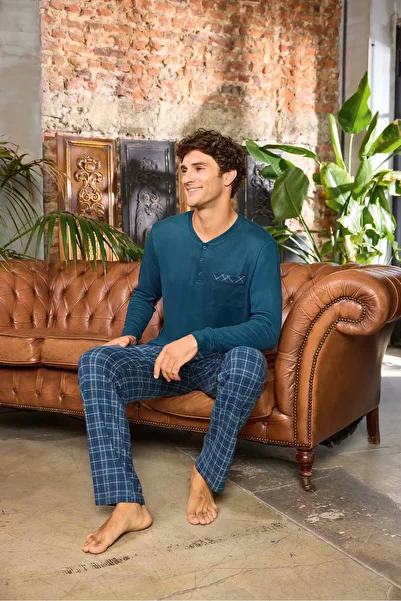 Aydoğan Lodos Store Men's Long Sleeve Placket Thermal Pajamas Set Plaid Patterned Petrol Green