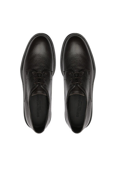 Emporio Armani Men's Pebble Leather Round Toe Lace up Flat Sole Logo Patterned Brown Shoes X4C653 Xf58
