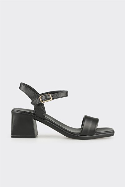 Elle Shoes Siyah Deri Kadın Topuklu Sandalet