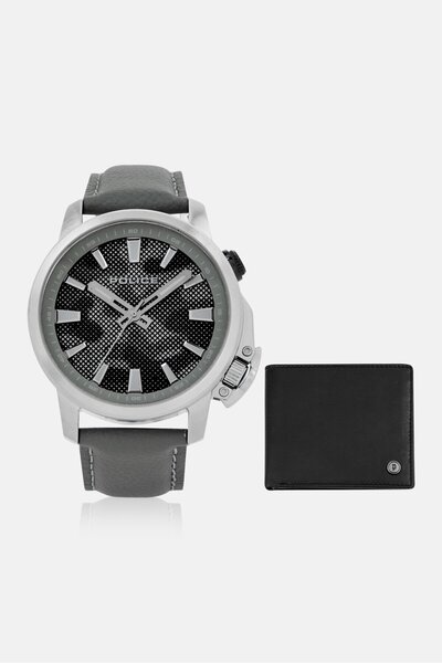 Police Men PEWJD2202702 Leather Analog Watch 43 mm With Wallet, Grey