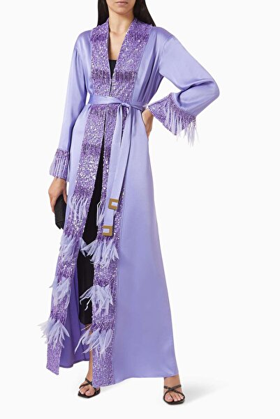 Elisabetta Franchi Şık İpek Kaftan Elbise Dantel İşlemeli Uzun Kollu ve Metal Kemerli Tasarım