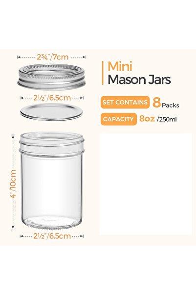 erorex Small Mason Jars 8Oz 8 Pack, Regular Mouth Mason Jar Lids Seal Bands, Glass Half Pint Canning Jar