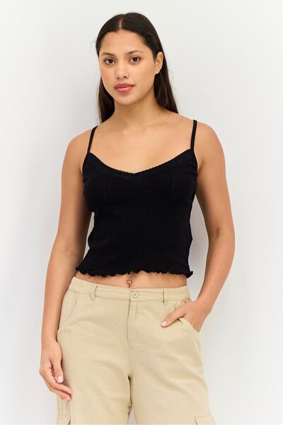 Don't Call Me Jennyfer Women V Neck Sleeveless Textured Tank Top, Black