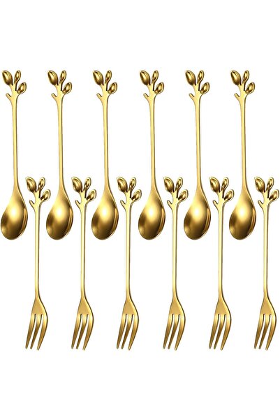 erorex 12 قطعة من ملاعق القهوة المصنوعة من الفولاذ المقاوم للصدأ ذات الأوراق الذهبية وملاعق شوك الفاكهة المصنوعة من الفولاذ المقاوم للصدأ بتصميم إبداعي صغير