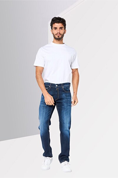 Replay Men Regular Fit Washed Stretchable Jeans, Blue