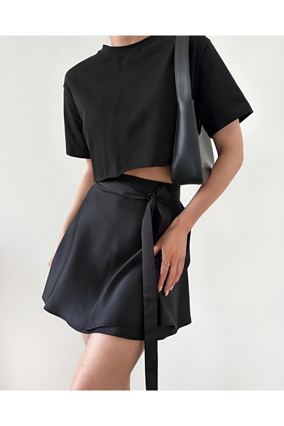 bright moon Kadın saten belden bağlamalı kloş etek