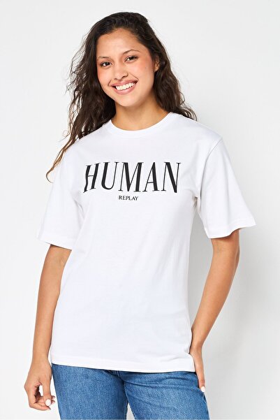 Replay Women Regular Fit Short Sleeves Graphic Print T-Shirt, White