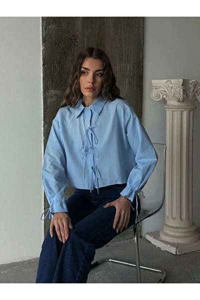 URİS Women's Blue Stylish Lace Detailed Crop Woven Shirt