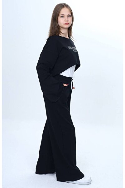 Asortix Girls' 100% Cotton 3 Piece Tracksuit Set – Modern Crop Top, Wide Sleeve, Sports Combination-182