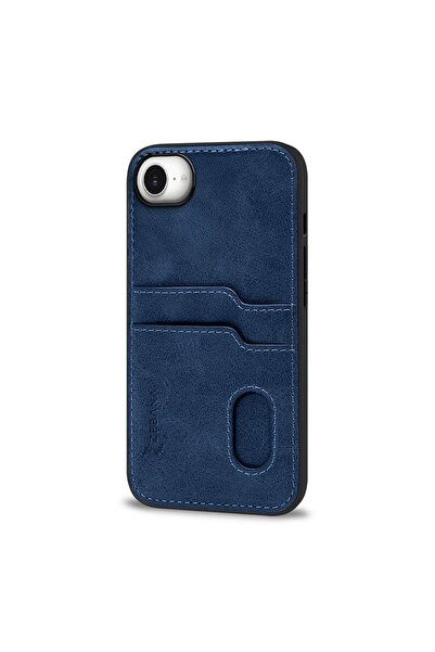 Zebana Apple iPhone 16E Compatible Case Luxury Leather Case with Card Holder - Navy Blue