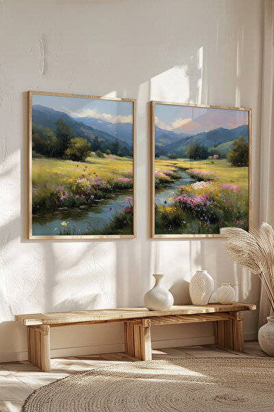 STARYUNA Set de pictură dublă cu cadru din lemn, cu vedere la râu și la munte...