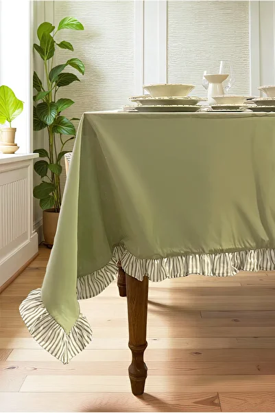 FH finehome Bohemian 100% Cotton Ruffled Tablecloth 150X220Cm Water Green