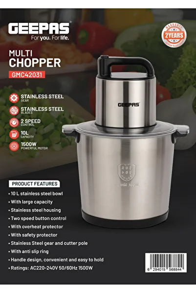 Geepas 10.0 liter Multi Chopper- 1500 W, Compact Multi-Purpose Chopping Machine, Mincing Function