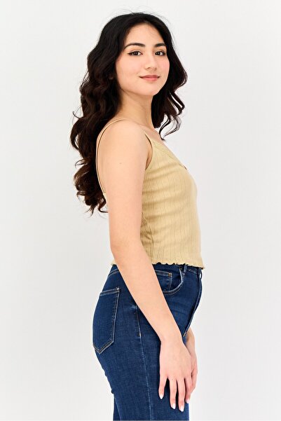 Don't Call Me Jennyfer Women V Neck Sleeveless Textured Crop Top, Tan