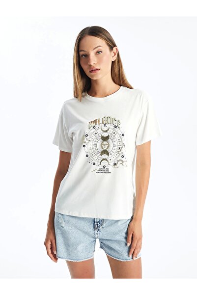 LC Waikiki Γυναικείο κοντομάνικο μπλουζάκι με στάμπα LCW Vision Ecru Crew Neck