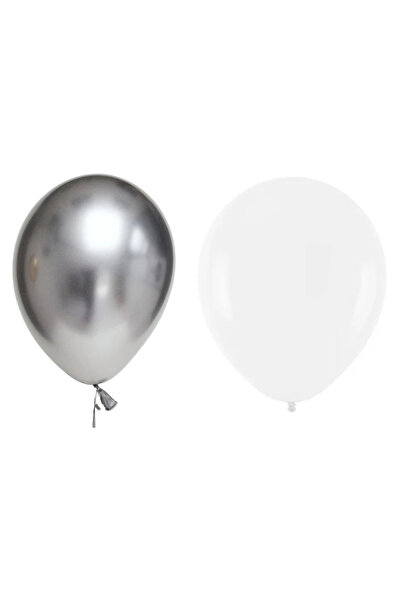 Flippy Set 10 Baloane din Latex Metalizate, Flippy, Model Party, Alb, Argintiu, 23 cm, 2.2 g