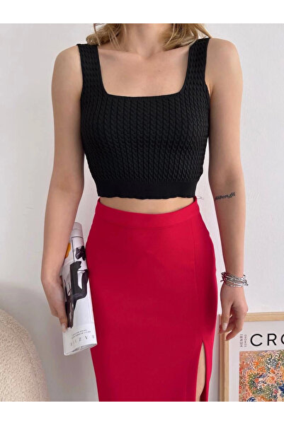 İntive Lingerie Fusta midi din material elastic cu fante, roșu închis