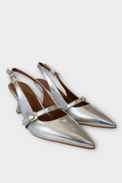 Liger Women's Single Strap Buckle Pointed Toe Open Back Heeled Shoes Silver