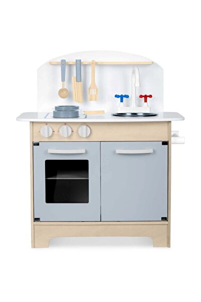 Ricokids Set bucatarie copii, din lemn, cu oala, tigaie, lingura, spatula si cutit, natur si gri, 48,5 x 2...