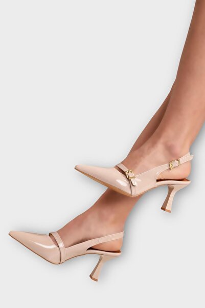 Liger Women's Single Strap Buckle Pointed Toe Open Back Heeled Shoes Beige