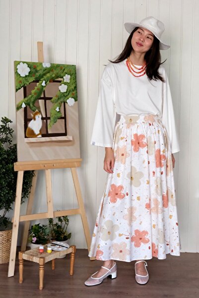 Ceylan Otantik Ecru Body & Soft Orange Floral Patterned Balloon Skirt Set