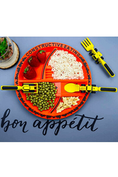 Elindor ® Children's Tableware Set - 5-compartment plate, fork and spoon, 4 pieces, Construction cars