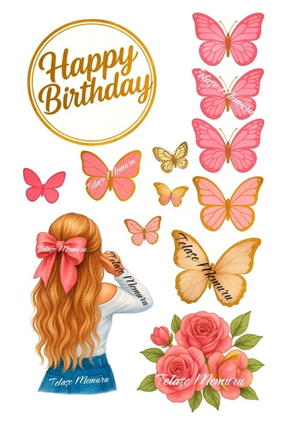 telaşe memuru Kız ve Kelebek Yenilebilir Cupcake ve Pasta Resmi Baskısı - Yen...