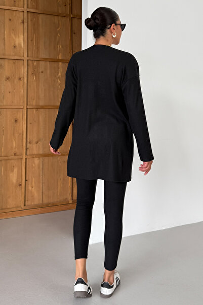 MODAGEN Women's Black Strappy Tank Top with Cardigan and Bottom-Top Leggings Interlock Set