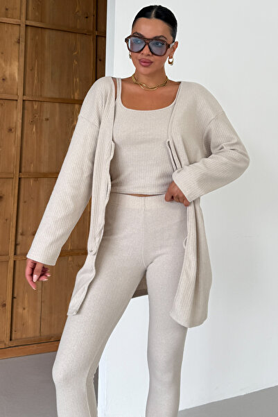 MODAGEN Women's Beige Strappy Tank Top with Cardigan and Bottom-Top Leggings Interlock Set