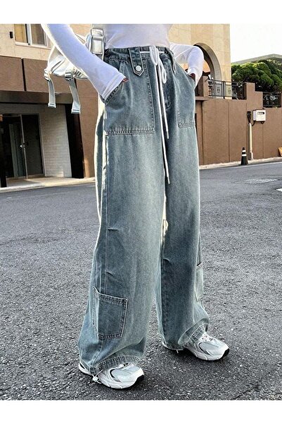 DENİKK TREND ÖZEL TASARIM YÜKSEK BEL LAZERLİ WİDE LEG DENİM JEAN PANTLON