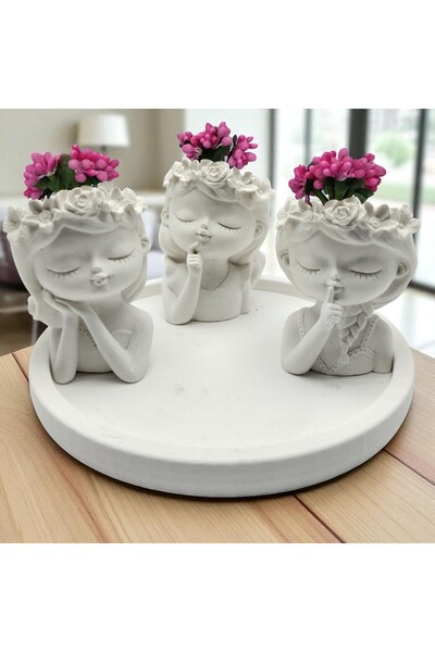 Hediyelik Çiçekler 4'lü Set - Çiçekli Kızlar + Yuvarlak Tepsi