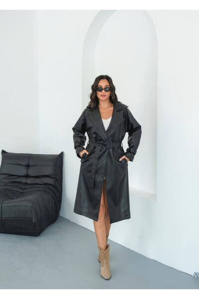 Miss Beyoğlu Kuşaklı Uzun Deri trençkot