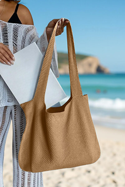 AQE FASHION Women's Knitted Summer Knitwear Stone Beach Bag with Arm Strap 40X36