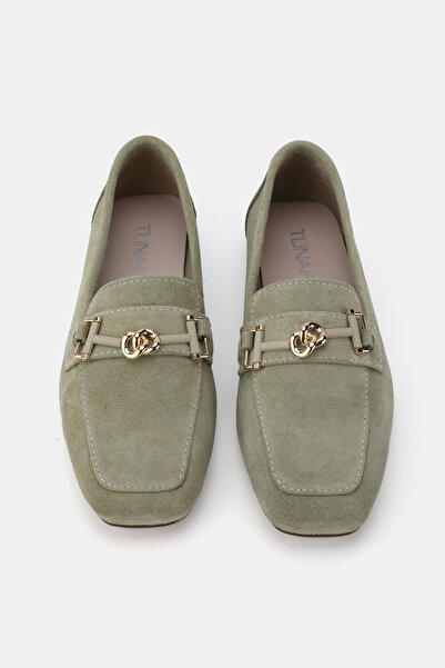 TUNAELLİ Women's Green Suede Khaki Natural Leather Buckle Flat Shoes, Size 36-41