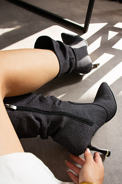 irmona HELEN GRİ KOT 7 CM TOPUKLU SİVRİ BURUN KÖRÜKLÜ BOT BOTTİE