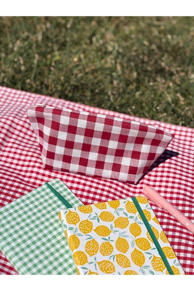 MEKİK BUTİK Red Gingham Eco-Friendly Washable Zippered Tissue Pen Case / Makeup Bag
